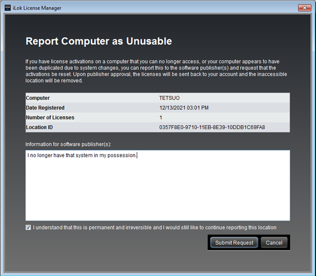 Image of iLok License Manager- Report as computer unusable dialog
